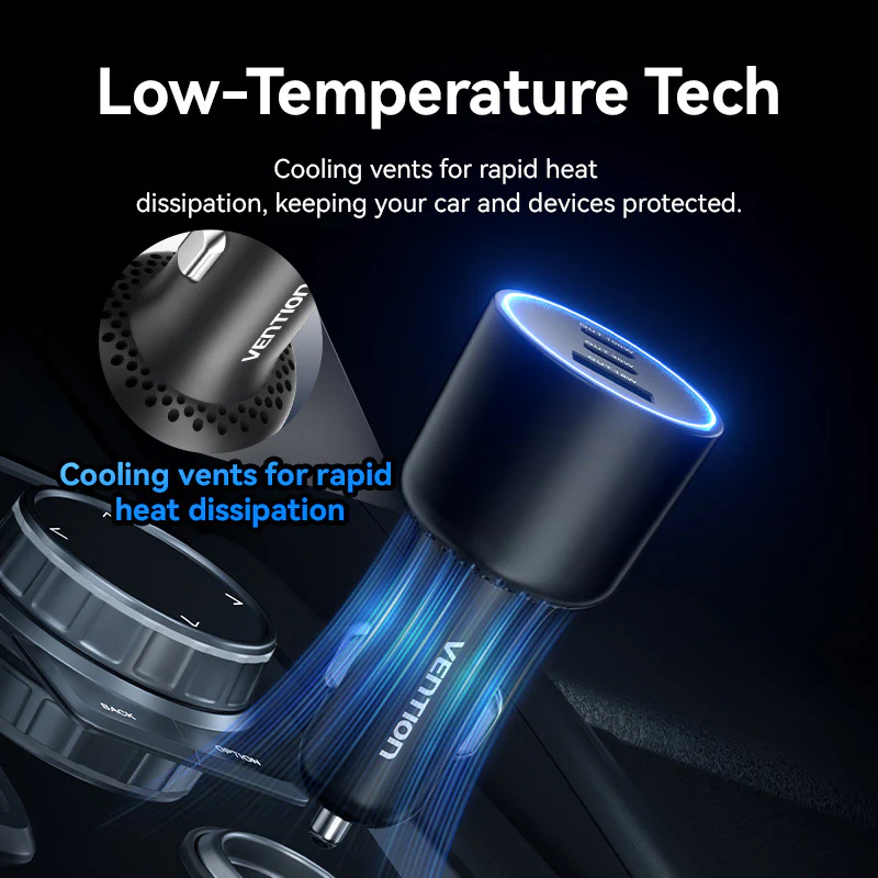 Vention Three-Port USB C+C+A (100W+30W+18W) Car Charger Black ABS Type - Image 8