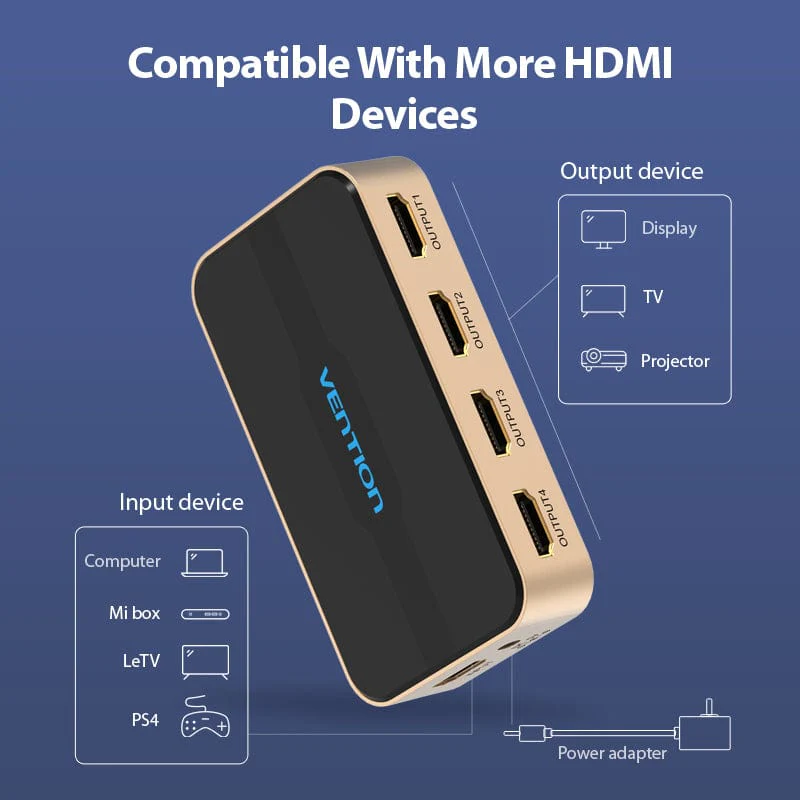 Vention 1 In 4 Out HDMI™ Splitter 4K@30Hz Gold Aluminum Alloy Type EU Standard - Image 5