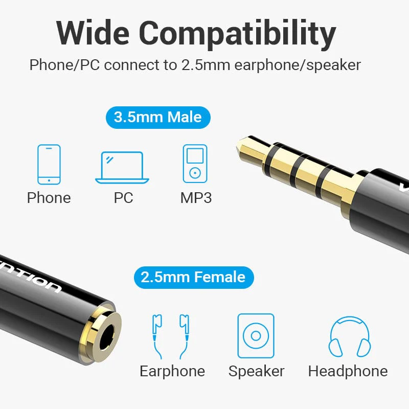 Vention 3.5mm Male to 2.5mm Female Audio Adapter Black Metal Type - Image 3