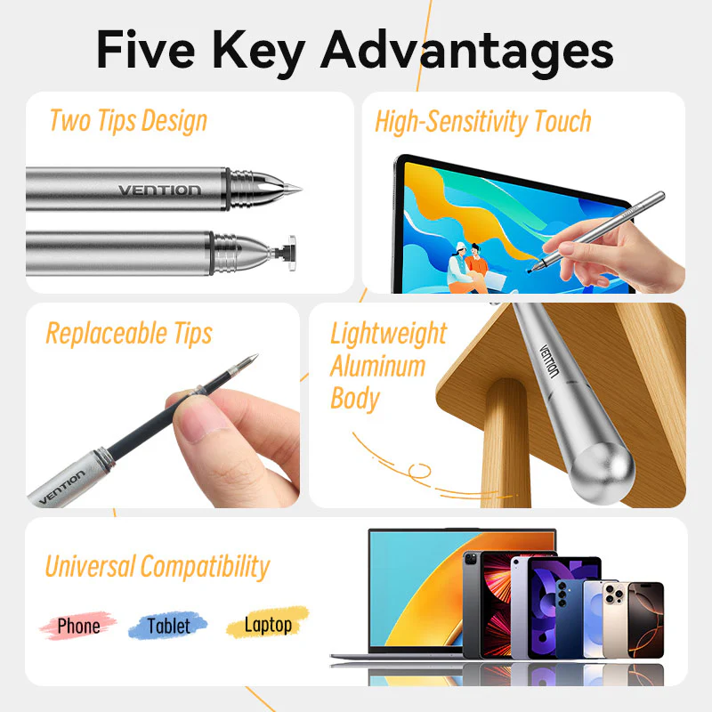 Vention 2-in-1 Stylus Pen Gray Aluminum Alloy Type - Image 3