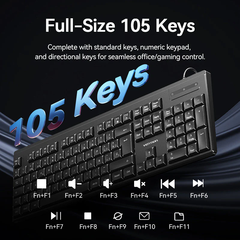 Vention USB Wired Full-Sized Silent Keyboard and Mouse Combo Black Slim Type - Spanish Layout - Image 12