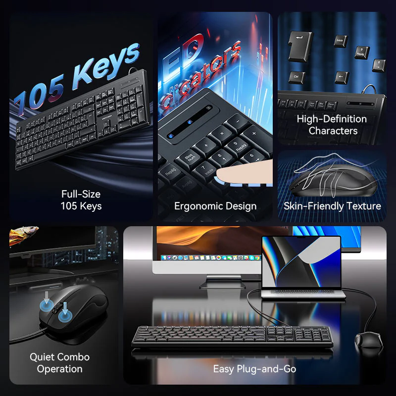 Vention USB Wired Full-Sized Silent Keyboard and Mouse Combo Black Slim Type - Spanish Layout - Image 7