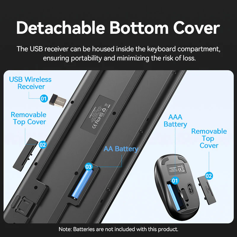 Vention Wireless Full-Sized Silent Keyboard and Mouse Combo Black Slim Type - Image 15
