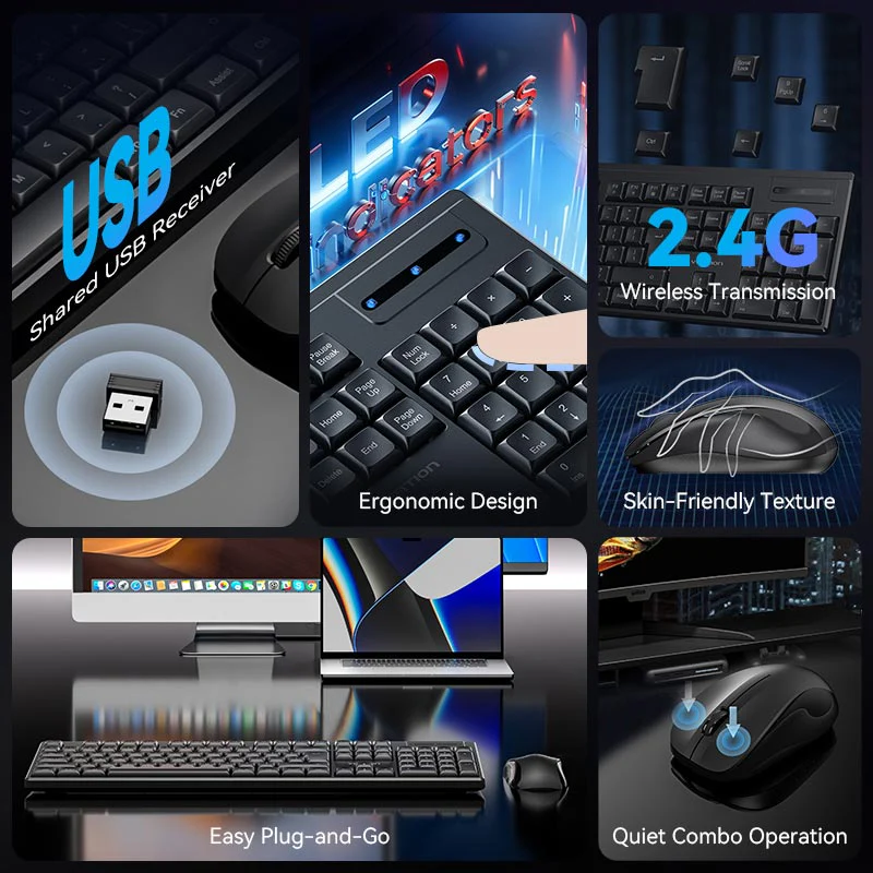 Vention Wireless Full-Sized Silent Keyboard and Mouse Combo Black Slim Type - Image 3