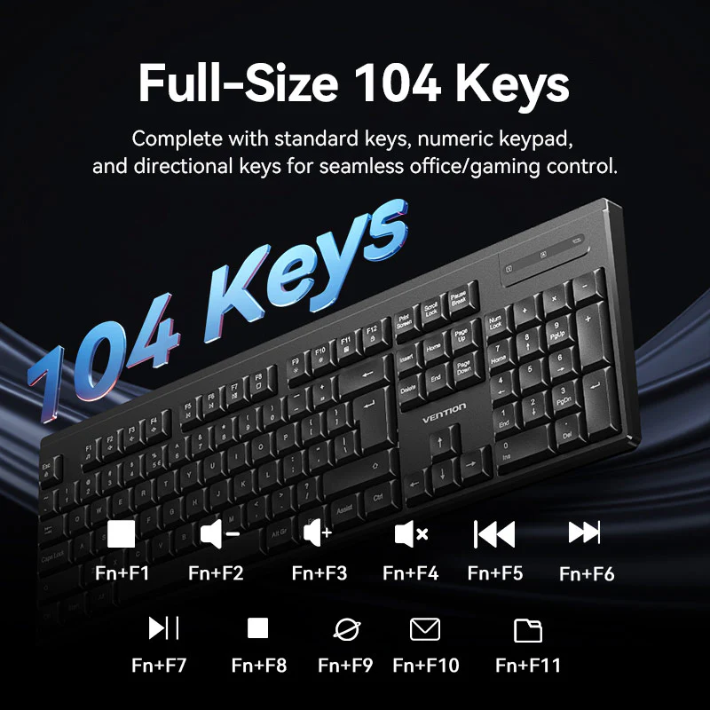 Vention Wireless Full-Sized Silent Keyboard and Mouse Combo Black Slim Type - Image 9
