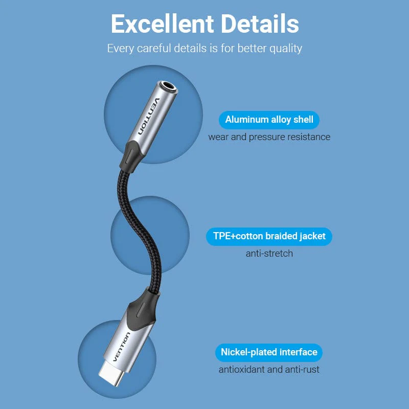 Vention Cotton Braided USB-C Male to 3.5MM Earphone Jack Adapter  Aluminum Alloy Type - Image 5