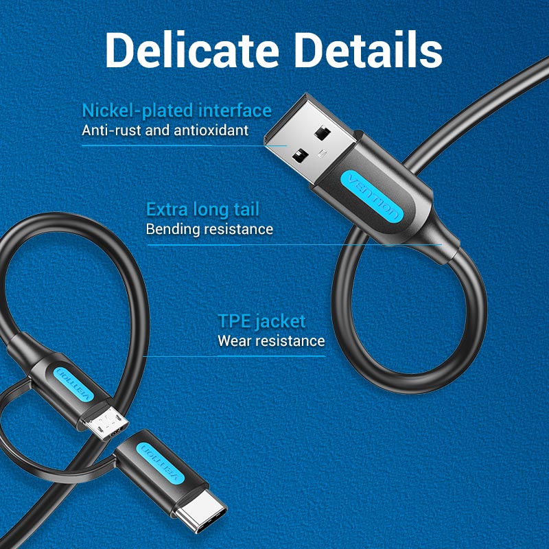 Vention USB 2.0 A Male to 2-in-1 Micro-B&USB-C Male 3A Cable - Image 12