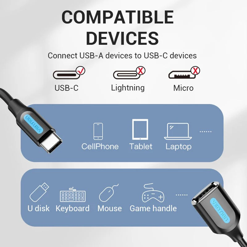 Vention USB 2.0 C Male to A Female OTG cable 0.15M Black PVC Type - Image 3