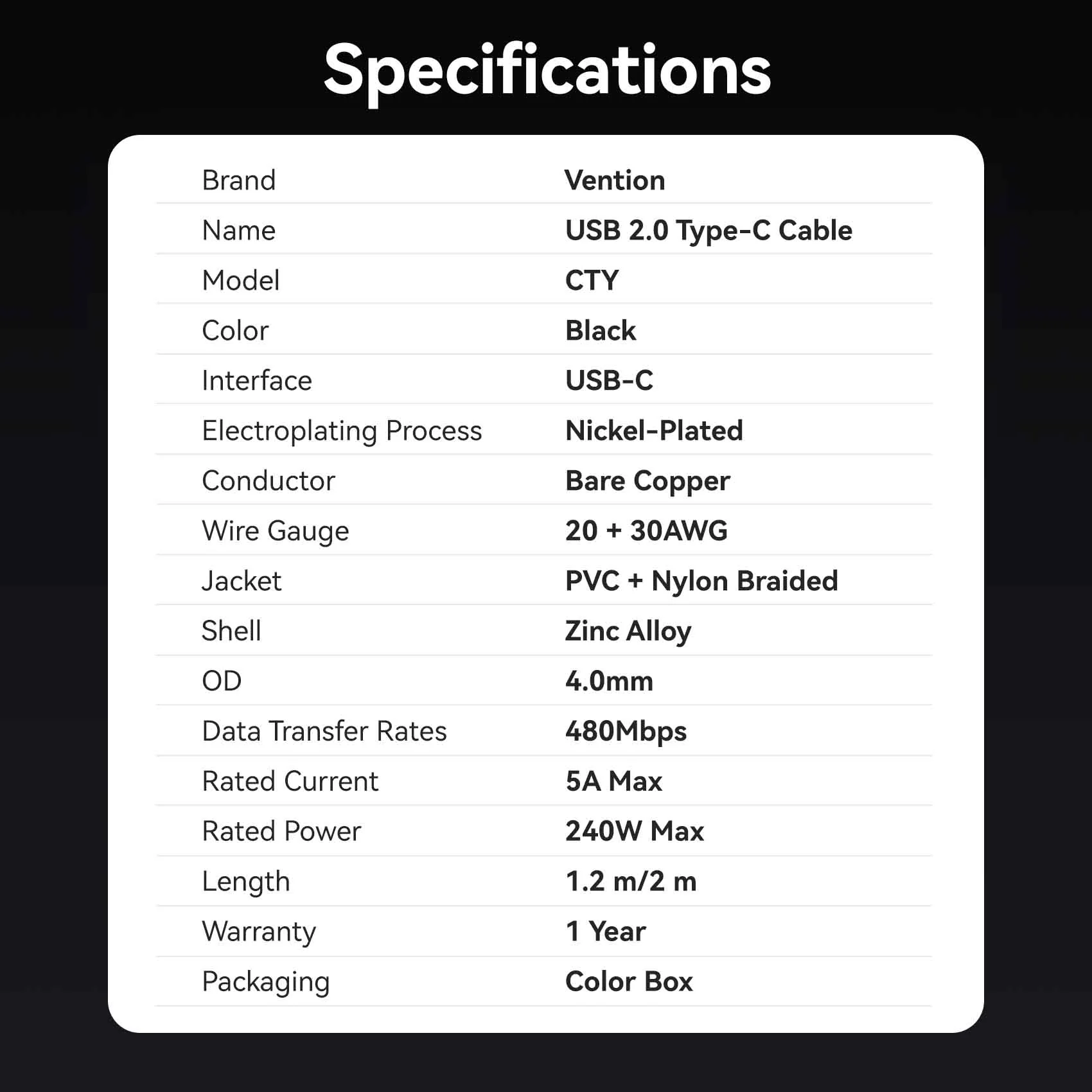Vention USB 2.0 C Male to C Male 5A Cable - Image 12