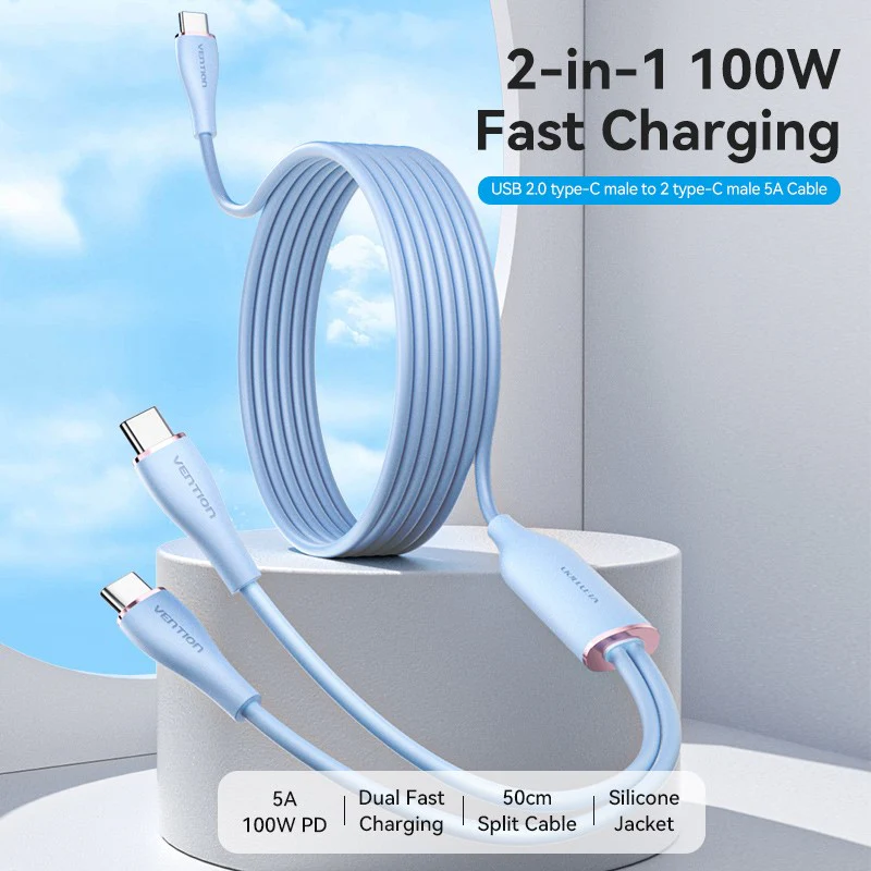 Vention USB 2.0 Type-C Male to 2 Type-C Male 5A Cable Silicone Type - Image 6