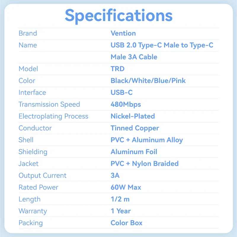Vention USB 2.0 Type-C Male to Type-C Male 3A Cable Aluminum Alloy Type - Image 16