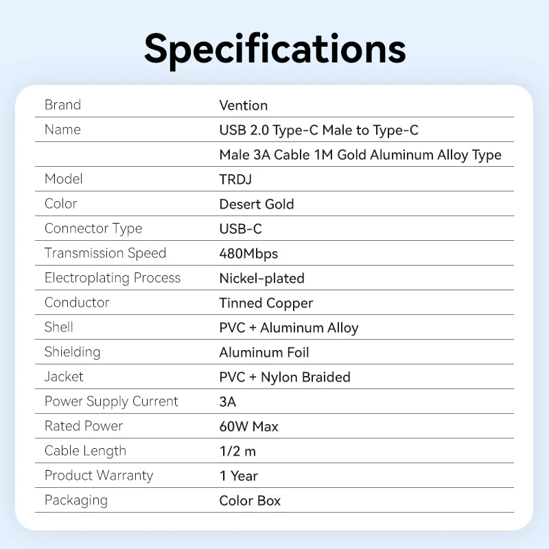 Vention USB 2.0 Type-C Male to Type-C Male 3A Cable Gold Aluminum Alloy Type - Image 11