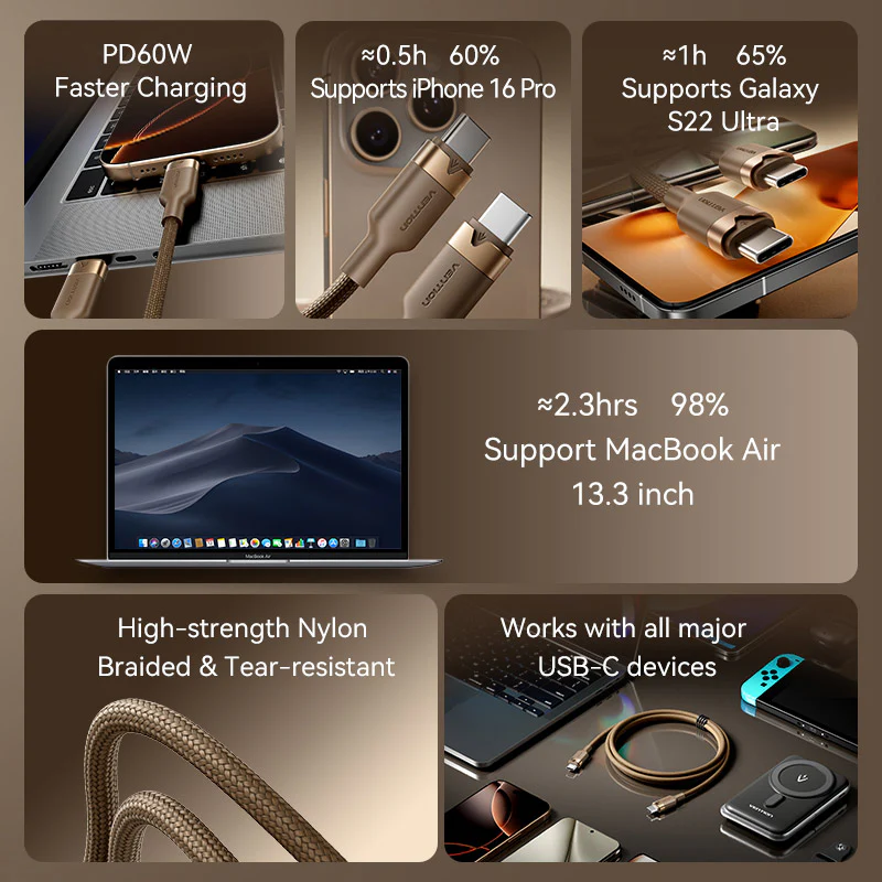 Vention USB 2.0 Type-C Male to Type-C Male 3A Cable Gold Aluminum Alloy Type - Image 3