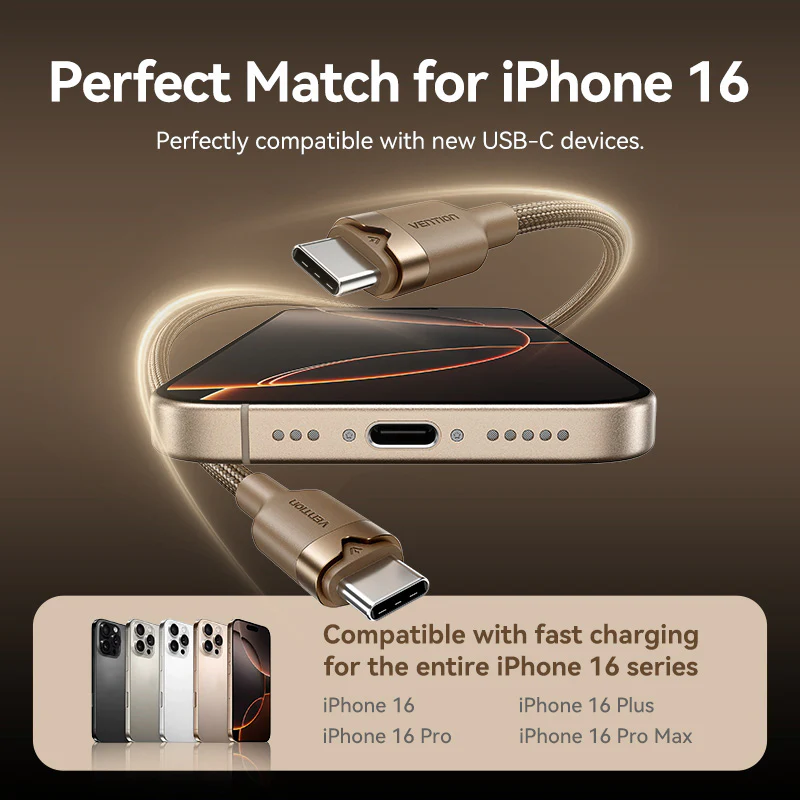 Vention USB 2.0 Type-C Male to Type-C Male 3A Cable Gold Aluminum Alloy Type - Image 4