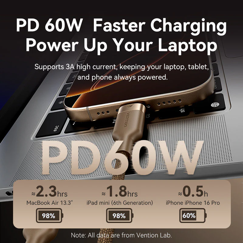 Vention USB 2.0 Type-C Male to Type-C Male 3A Cable Gold Aluminum Alloy Type - Image 5