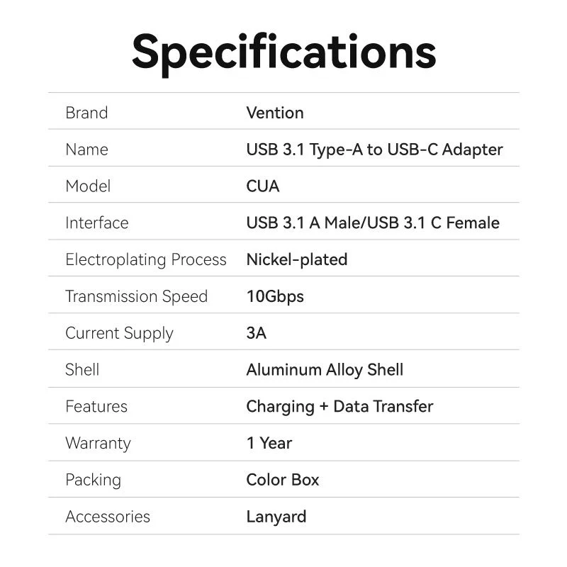 Vention USB 3.1 Type-A Male to USB-C Female Adapter with Lanyard Gray Aluminum Alloy Type - Image 10