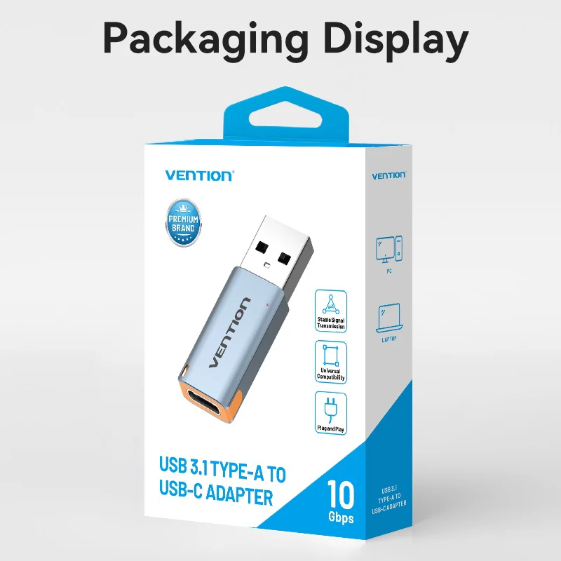 Vention USB 3.1 Type-A Male to USB-C Female Adapter with Lanyard Gray Aluminum Alloy Type - Image 12