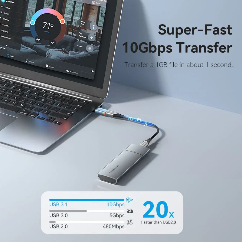 Vention USB 3.1 Type-A Male to USB-C Female Adapter with Lanyard Gray Aluminum Alloy Type - Image 3