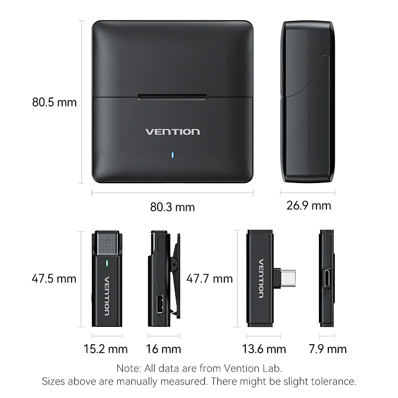 Vention USB-C 2-Pack Wireless Lavalier Microphone with Charging Case Black Type - Image 14