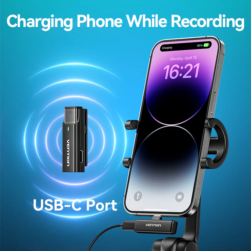 Vention USB-C 2-Pack Wireless Lavalier Microphone with Charging Case Black Type - Image 6