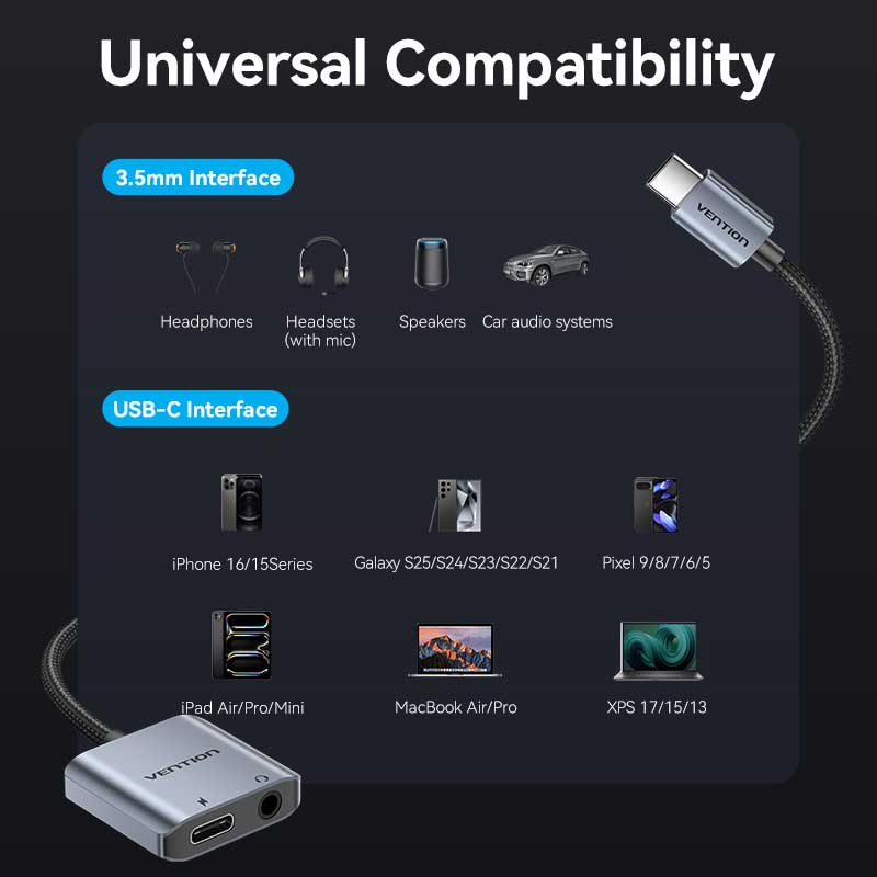 Vention USB-C Male to 3.5mm Female Audio Adapter with Fast Charging Port - Image 3