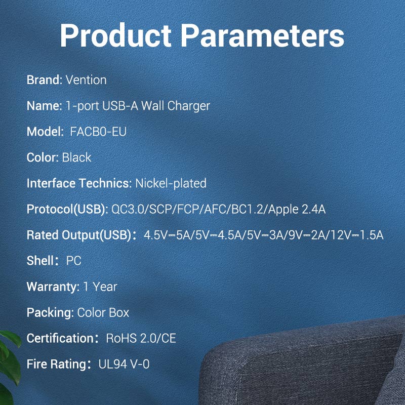 Vention 1-Port USB Wall Charger 22.5W EU-Plug - Image 12