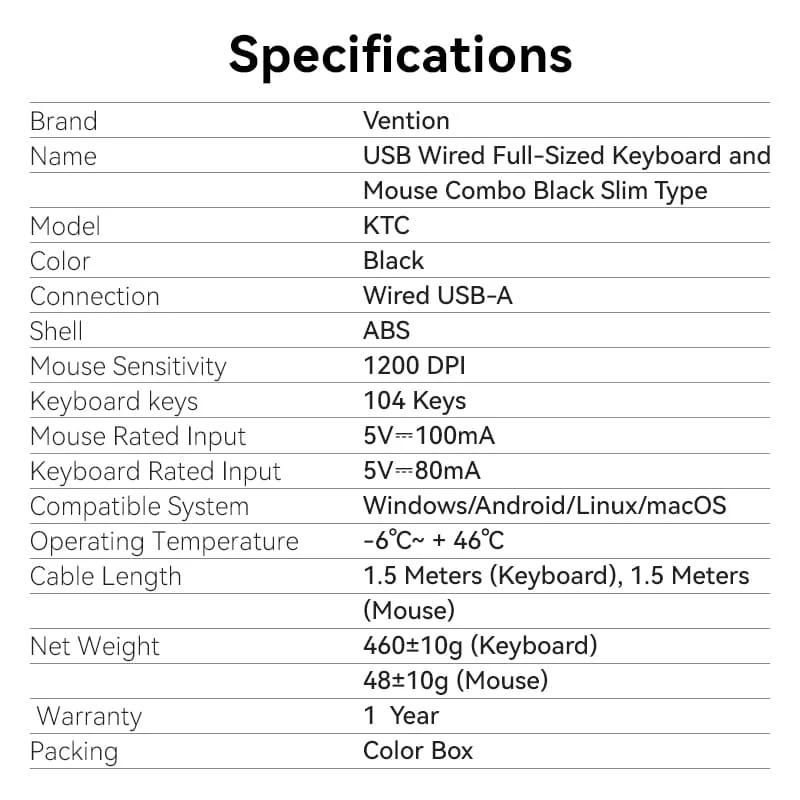 Vention USB Wired Full-Sized Keyboard and Mouse Combo Black Slim Type - US English Layout - Image 12