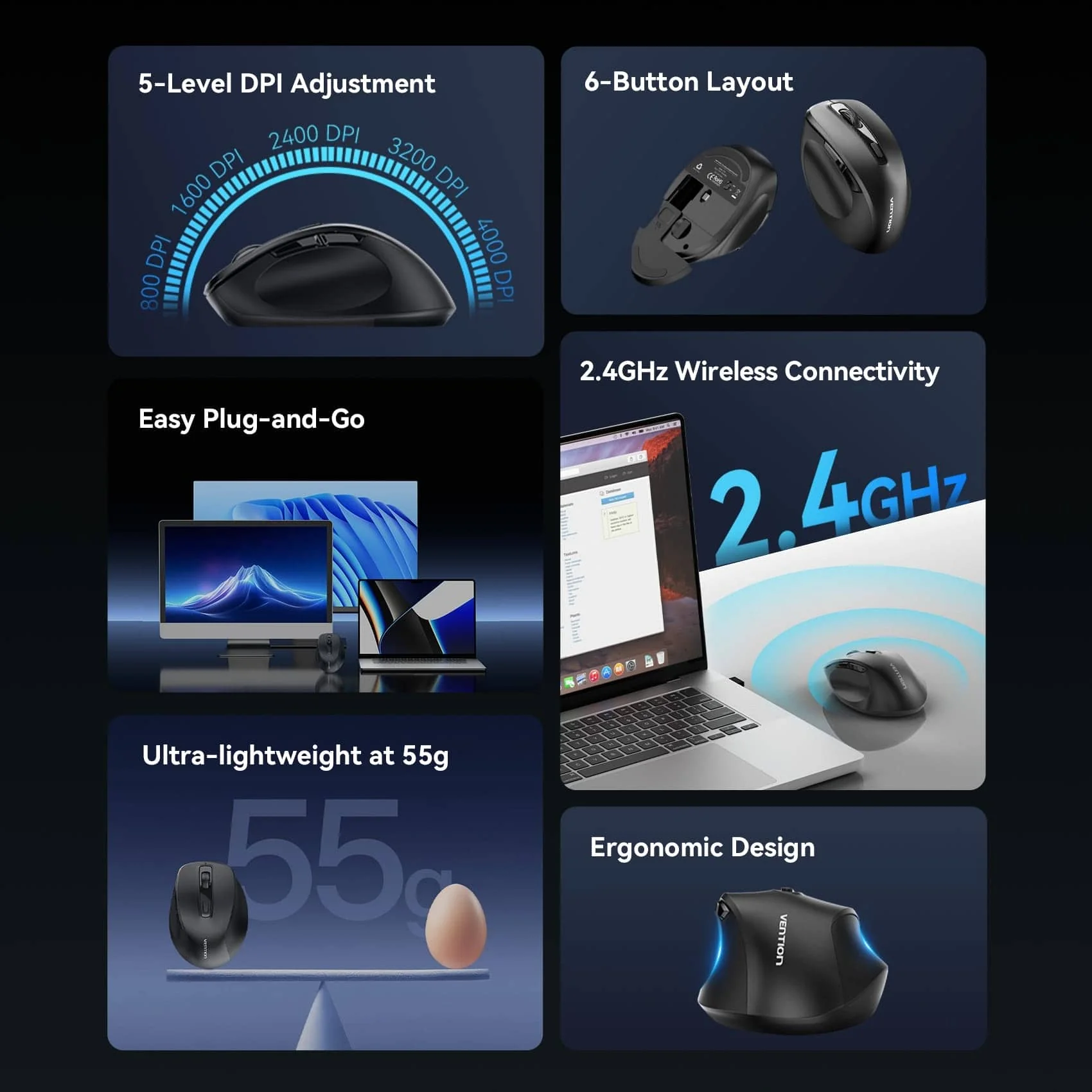 Vention 2.4G Wireless Ergonomic Mouse - Image 3