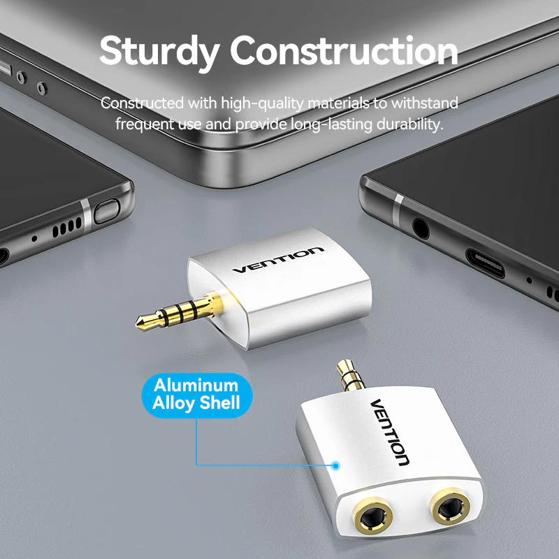 Vention 4 Pole 3.5mm Male to 2*3.5mm Female Audio Adapter Silvery Metal Type - Image 4