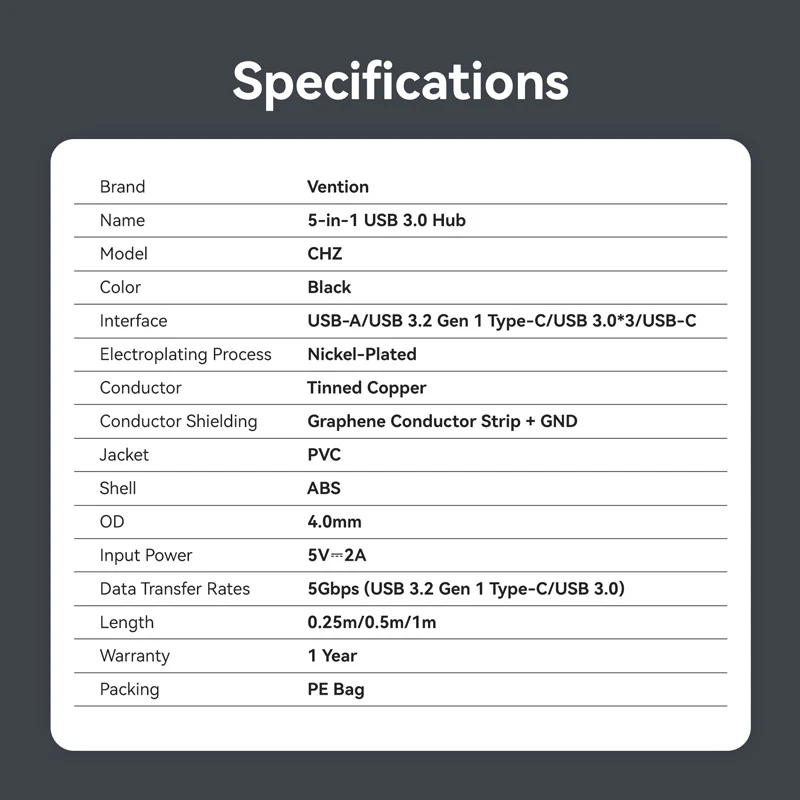 Vention USB 3.0 to USB 3.2 Gen 1 Type-C/USB 3.0*3/USB-C Desk Hub Black - Image 13
