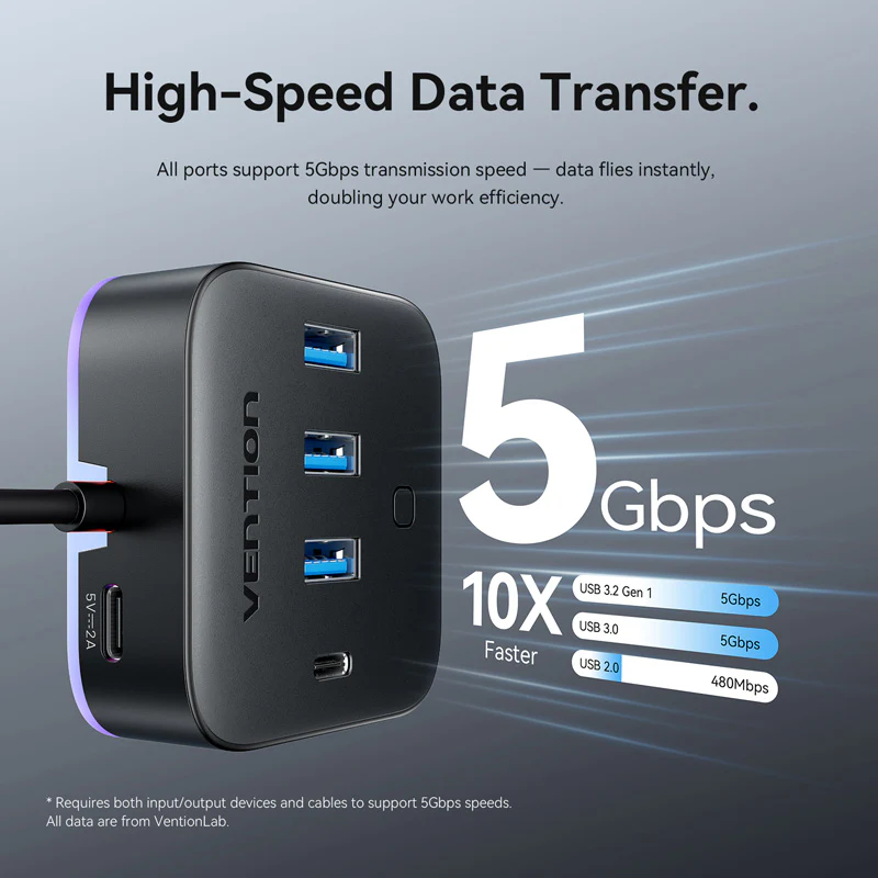 Vention USB 3.0 to USB 3.2 Gen 1 Type-C/USB 3.0*3/USB-C Desk Hub Black - Image 4