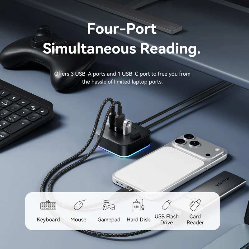 Vention USB 3.0 to USB 3.2 Gen 1 Type-C/USB 3.0*3/USB-C Desk Hub Black - Image 5