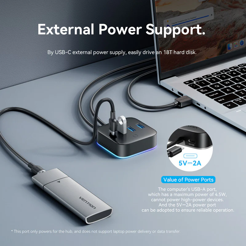 Vention USB 3.0 to USB 3.2 Gen 1 Type-C/USB 3.0*3/USB-C Desk Hub Black - Image 6