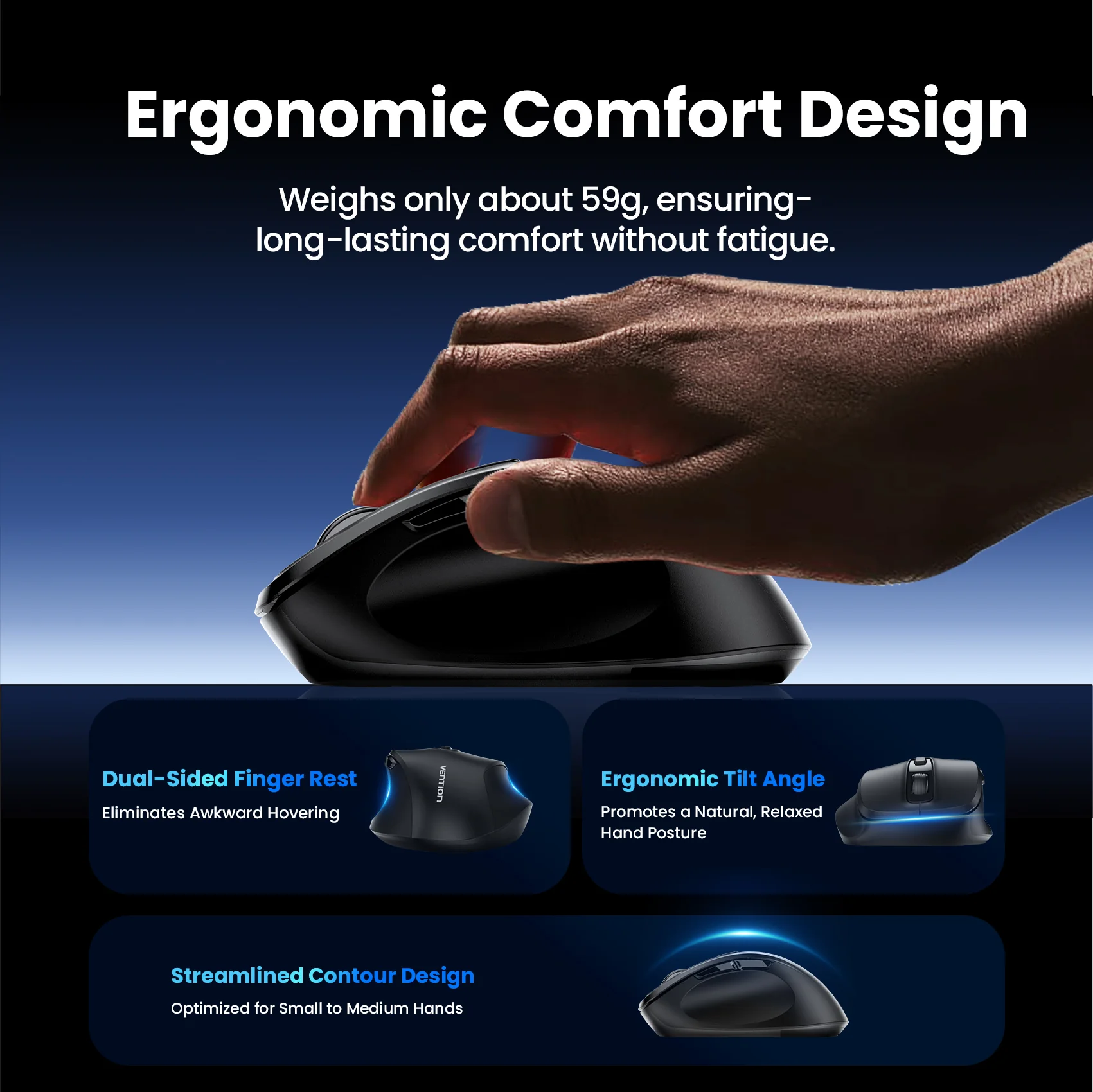 Vention 6-Button 2.4GHz + Bluetooth 5.1 Wireless Ergonomic Mouse Black Silent Type - Image 5