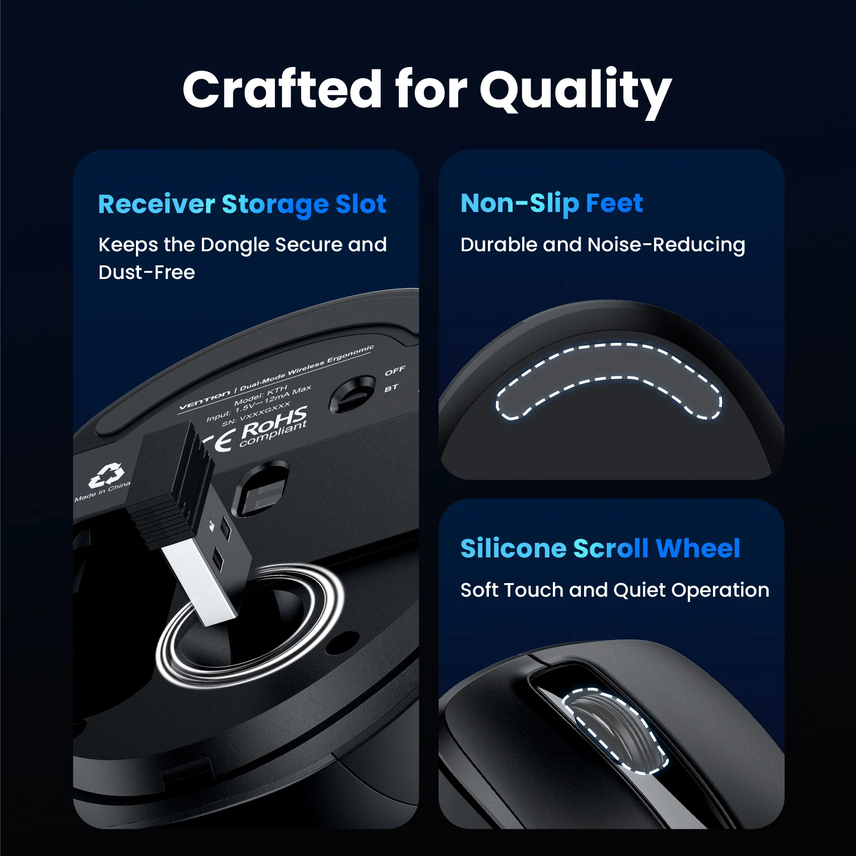 Vention 6-Button 2.4GHz + Bluetooth 5.1 Wireless Ergonomic Mouse Black Silent Type - Image 9
