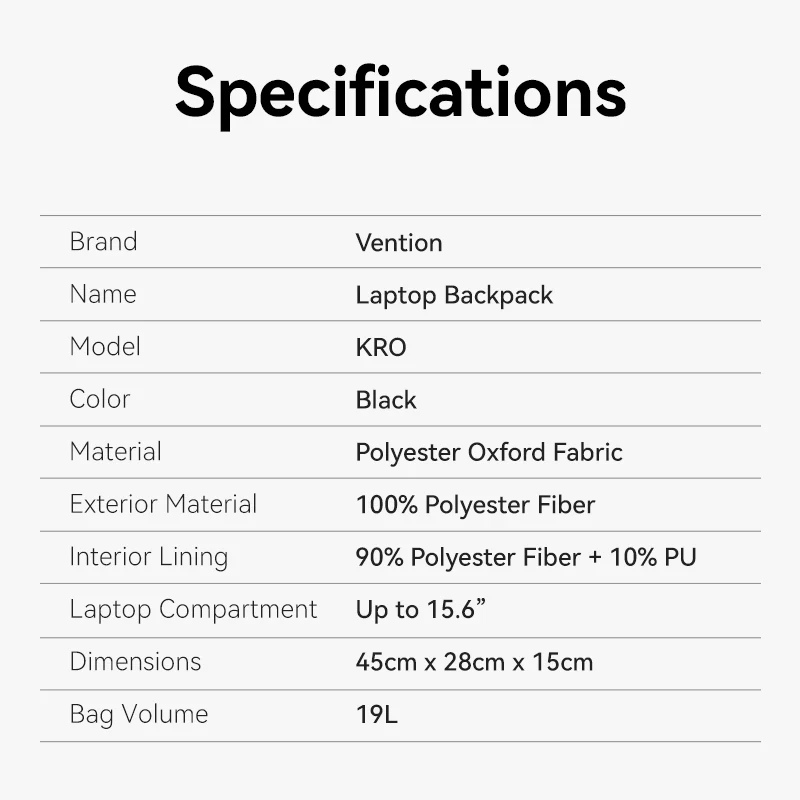 Vention Laptop Backpack (45cm x 28cm x 15cm) Black - Image 9