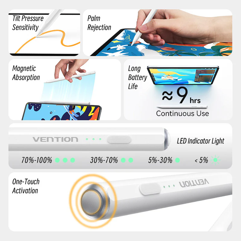 Vention Stylus Pen for iPad with Palm Rejection & Touch Switch White - Image 6