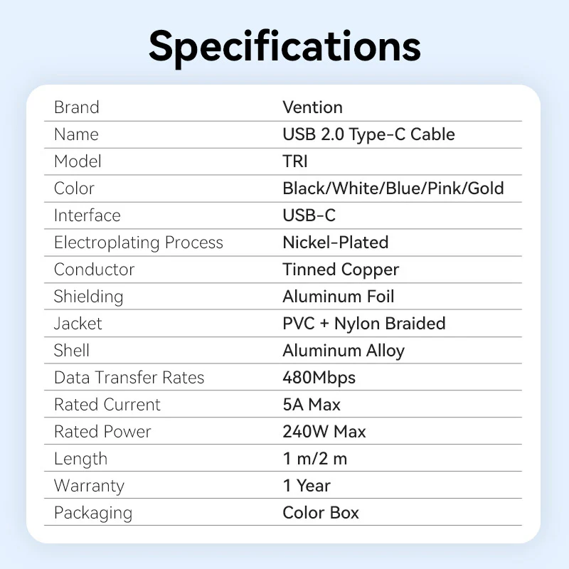 Vention USB 2.0 Type-C Male to Type-C Male 5A Cable Aluminum Alloy Type - Image 16