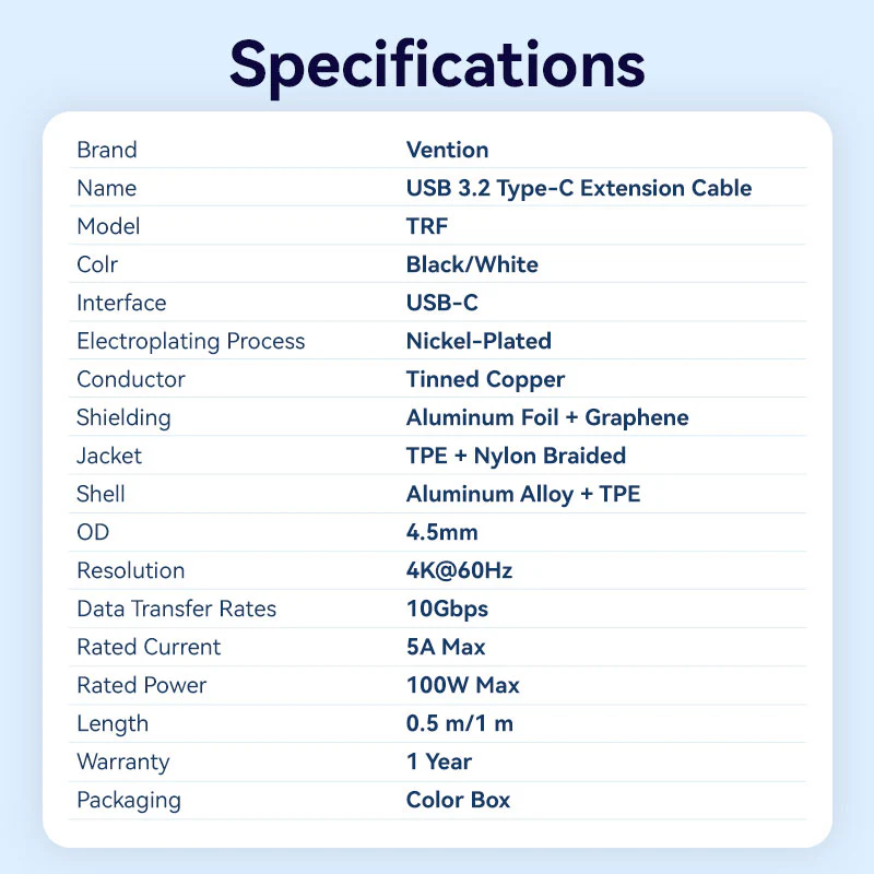 Vention USB 3.2 Gen2 C Male to C Female 10Gbps Extension Cable Aluminum Alloy Type - Image 13