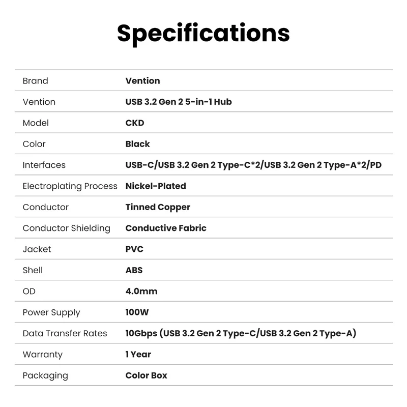 Vention USB-C to USB 3.2 Gen 2 Type-C*2 + USB 3.2 Gen 2 Type-A*2 + PD 10G Hub 0.15M Black - Image 10
