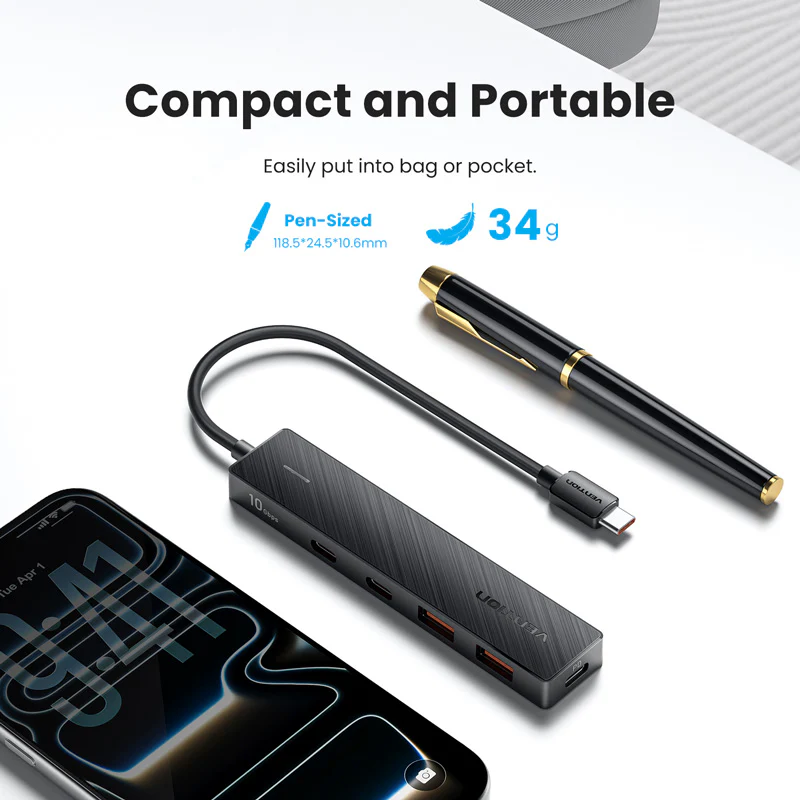 Vention USB-C to USB 3.2 Gen 2 Type-C*2 + USB 3.2 Gen 2 Type-A*2 + PD 10G Hub 0.15M Black - Image 3