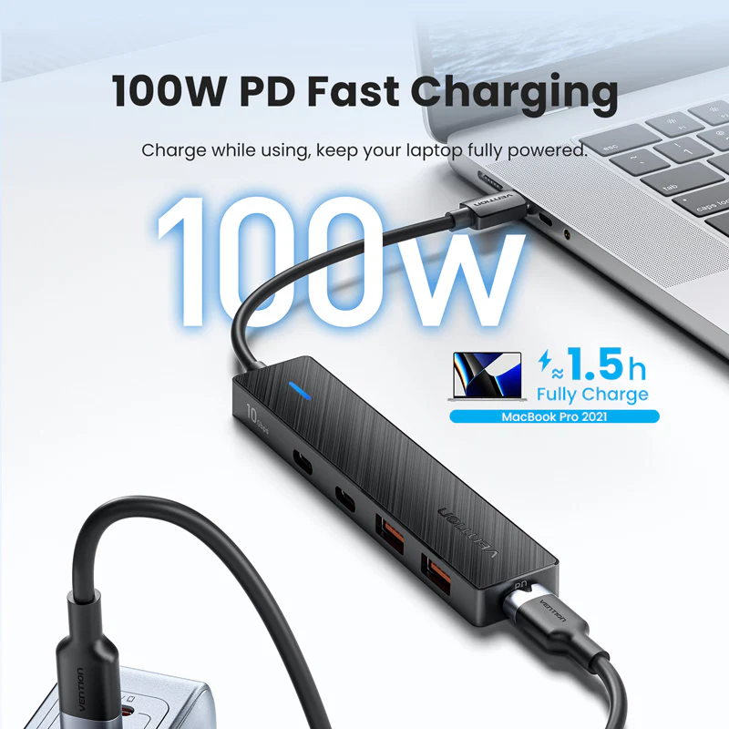 Vention USB-C to USB 3.2 Gen 2 Type-C*2 + USB 3.2 Gen 2 Type-A*2 + PD 10G Hub 0.15M Black - Image 6