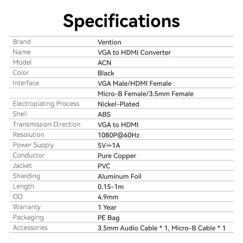 Vention VGA to HDMI™ Converter with Female Micro USB and Audio Port - Image 12