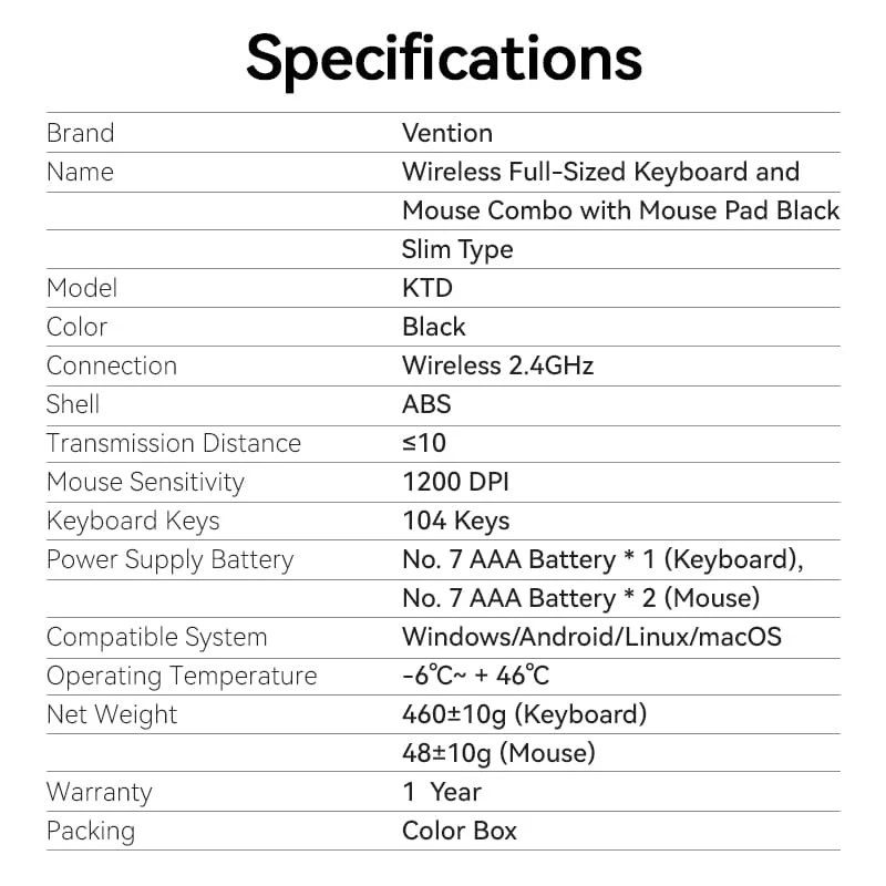 Vention Wireless Full-Sized Keyboard and Mouse Combo with Mouse Pad Black Slim Type - US English Layout - Image 15